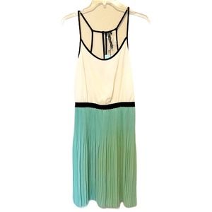 New Andree Blue Dress Womens Medium M Cream Teal Spaghetti Strap Color Block